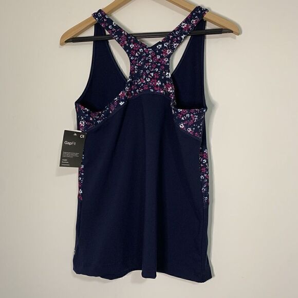 Women's Gap Fit Size L Navy Blue w/ Floral Detail Racerback Athletic Tank Top - Picture 2 of 7